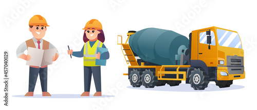 Cute construction foreman and female engineer characters with concrete mixer truck illustration
