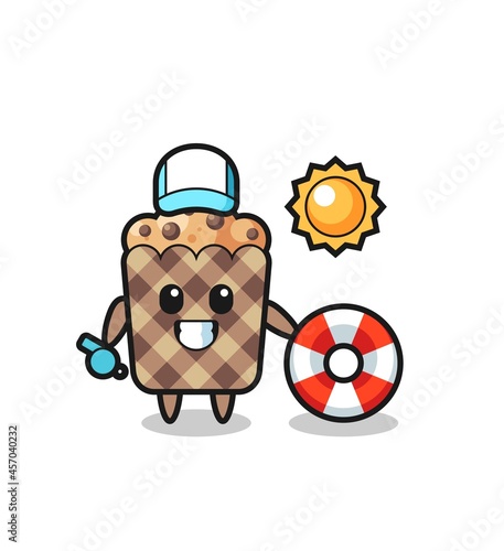 Cartoon mascot of muffin as a beach guard