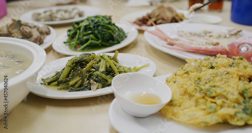 Chaozhou style steamed fish  fried vegetable and meat