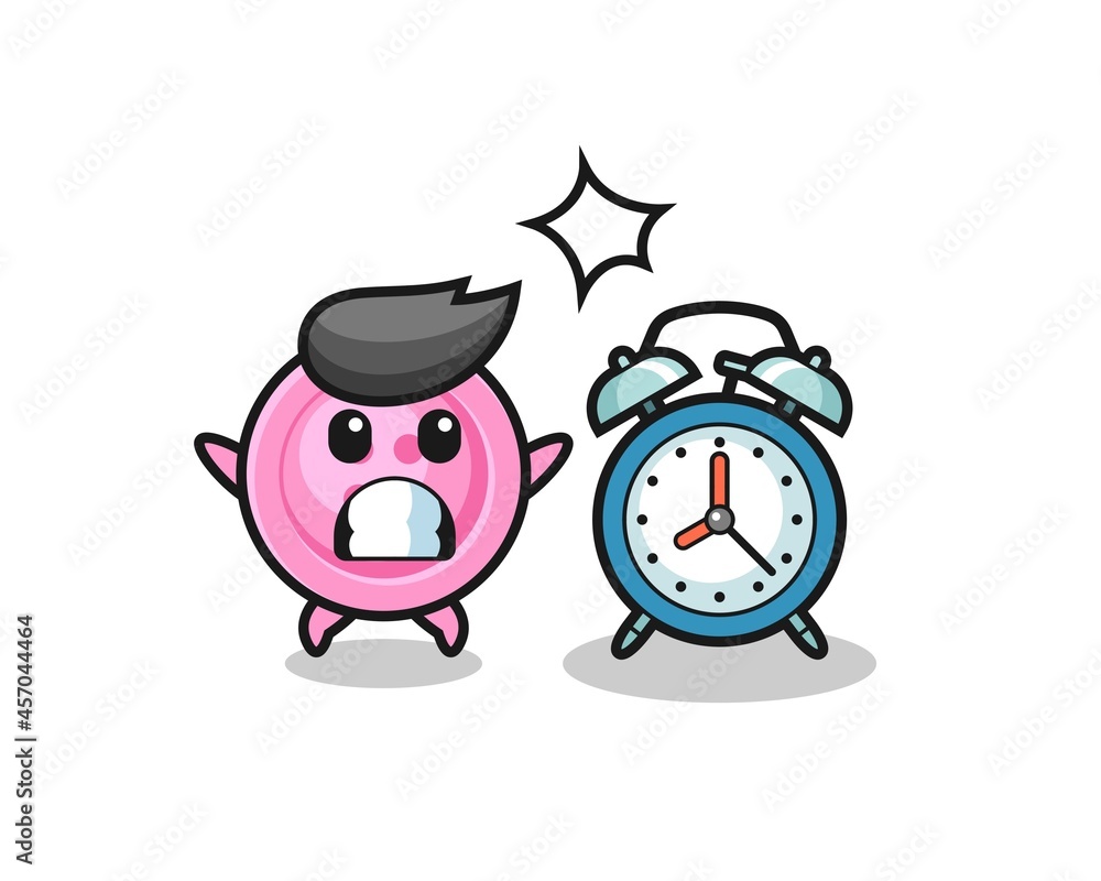 Cartoon Illustration of clothing button is surprised with a giant alarm clock Cartoon Illustration of clothing button is surprised with a giant alarm clock