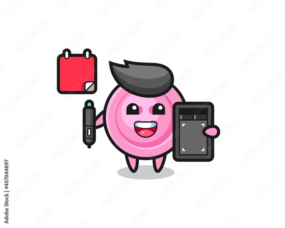 Illustration of clothing button mascot as a graphic designer