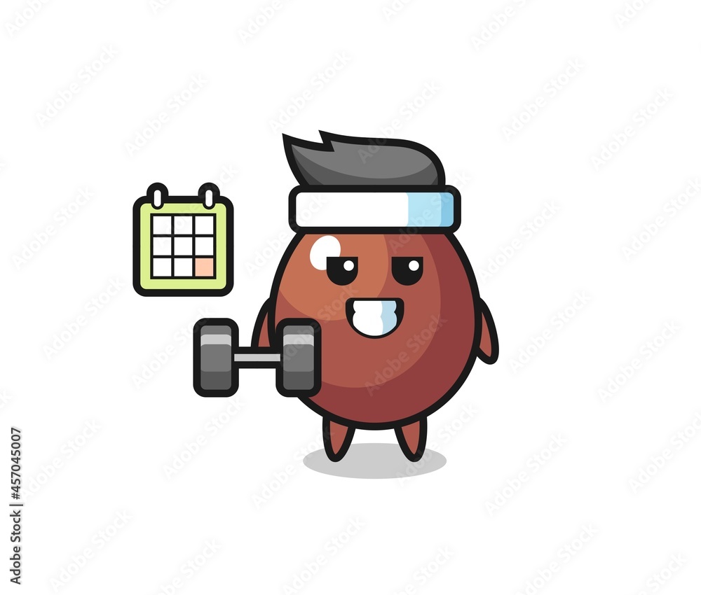 chocolate egg mascot cartoon doing fitness with dumbbell