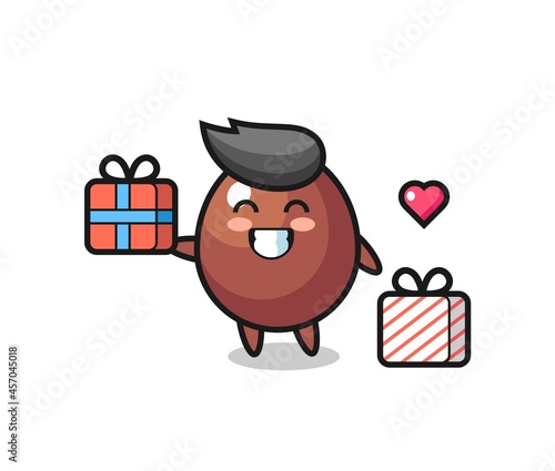 chocolate egg mascot cartoon giving the gift
