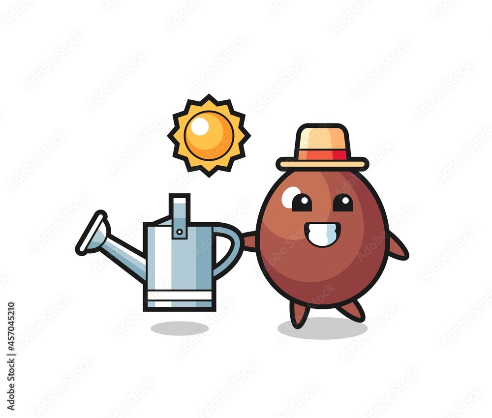 Cartoon character of chocolate egg holding watering can Cartoon character of chocolate egg holding watering can