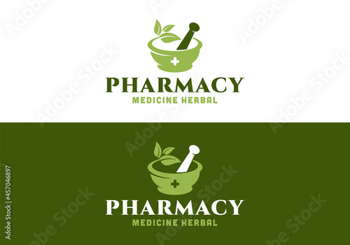 Mortar, pestle, leaf. Medical pharmacy medicine logo design template inspiration
