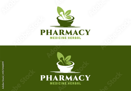 Mortar, pestle, leaf. Medical pharmacy medicine logo design template inspiration