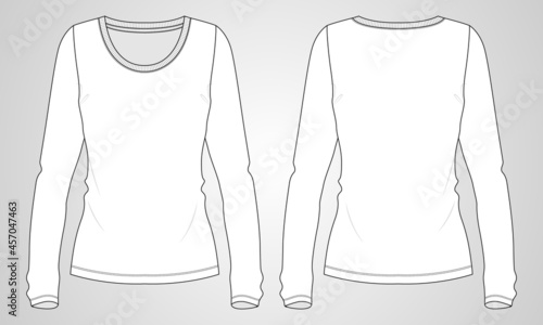 Slim fit long sleeve t shirt overall technical fashion flat sketch template for ladies. Apparel  Cotton jersey vector illustration drawing mock up front,  views. Clothing t shirt design for women's