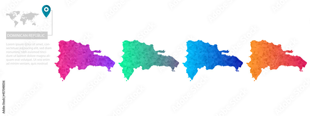 Set of vector polygonal Dominican Republic maps. Bright gradient map of country in low poly style. Multicolored country map in geometric style for your