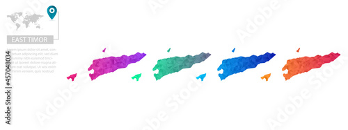 Set of vector polygonal East Timor maps. Bright gradient map of country in low poly style. Multicolored country map in geometric style for your