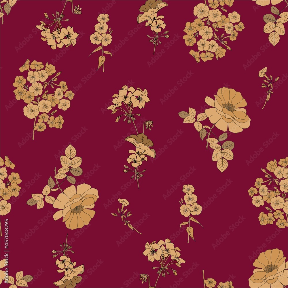 Dark red background with golden flowers. seamless vector pattern. Dark red background with golden flowers. seamless vector pattern.