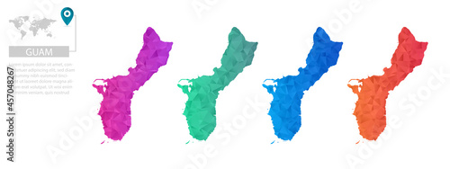 Set of vector polygonal Guam maps. Bright gradient map of country in low poly style. Multicolored country map in geometric style for your