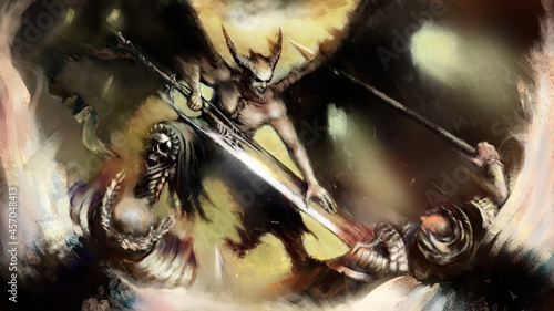 Cuadro en lienzo A muscular grinning demon with a huge sword attacked the angels in heavy armor and with glowing wings