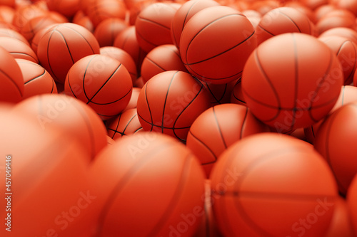 3d render of basketball background. A lot of orange basketball balls, side view. Sport concept