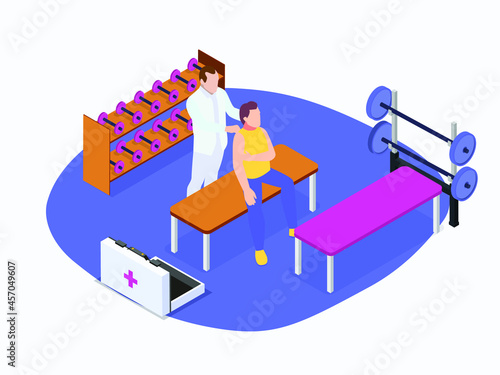 Doctor helping injured male athlete during workout in the fitness center. First Aid isometric vector concept