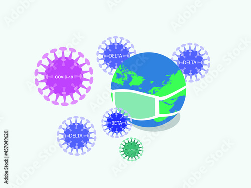 Earth wearing face mask with various corona virus variant mutation as dangerous flu strain. isometric vector concept
