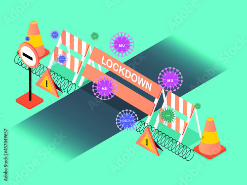 Lockdown road sign barrier to the city with various coronavirus variant mutation. Isometric vector concept