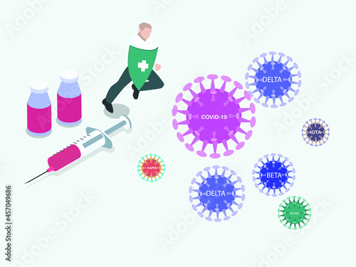 Man holding a shield with vaccine for protecting from various corona virus variant mutation as dangerous flu strain. isometric vector concept