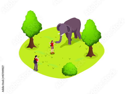 Ecotourism isometric vector concept. Tourist taking picture of elephant at the jungle