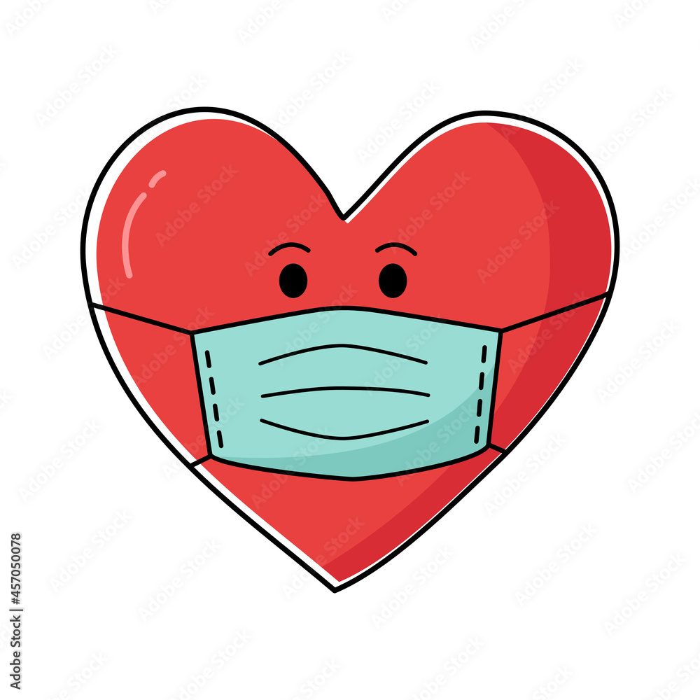 Red heart cartoon wearing protective mask line art vector. Love in covid19 Coronavirus quarantine pandemic times. Design for Valentine’s Day greeting card, poster, banner.