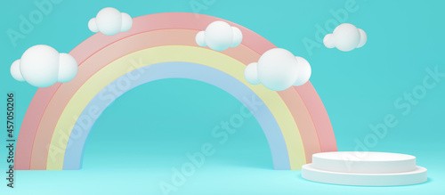 3D Rendering concept of long scene rainbow background with blank podium display for commercial design. 3D Render. illustration.
