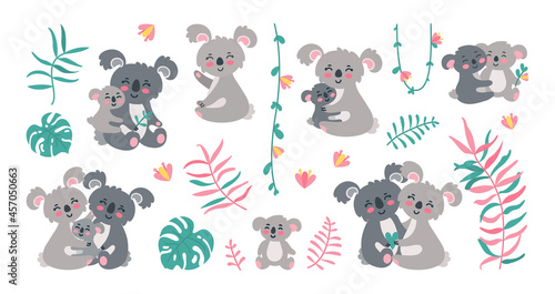 Koala family in jungles. Koala parents with babies in leaves, lianas and flowers. Vector illustration isolated in white background