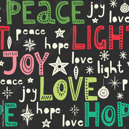 Colorful Winter Holidays Christmas Hand-Drawn Letteing Vector Seamless Pattern. Words Peace, Joy Love, Light, Hope. Sans Serif Minimal Scandi Cutout Background. Linocut Backdrop