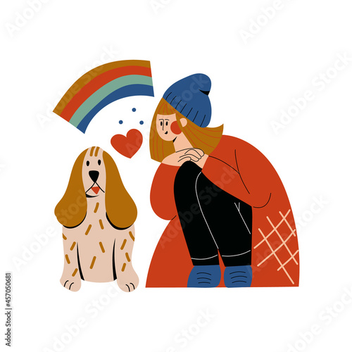 Dog owner girl hug pet vector illustrations.Young woman cuddle with companion puppy. Friendship between teenager and dog. Canine shelter concept. Domestic animal Human best friend. Isolated on white
