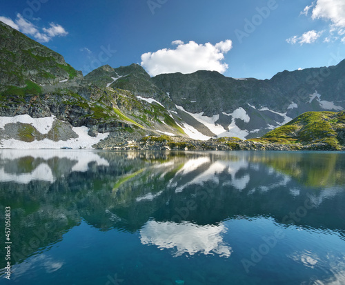 Beautiful summer landscape of Caucasus mountain. Arkasar Dukka lakes near Arkhyz village in Russia. Daylight mountain landscape.