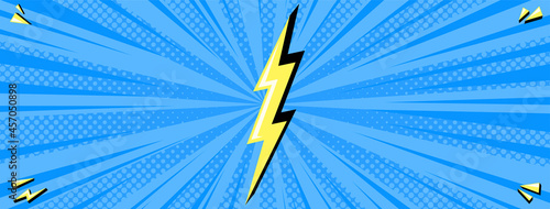 Superhero halftoned background with lightning. Blue comic design with yellow flash. Vector illustration backdrop