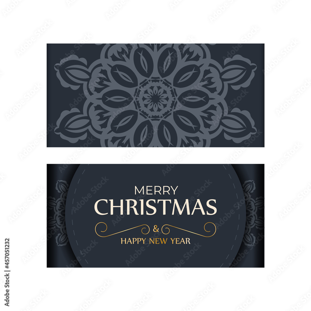 Holiday card Merry Christmas in dark blue color with vintage blue ornament