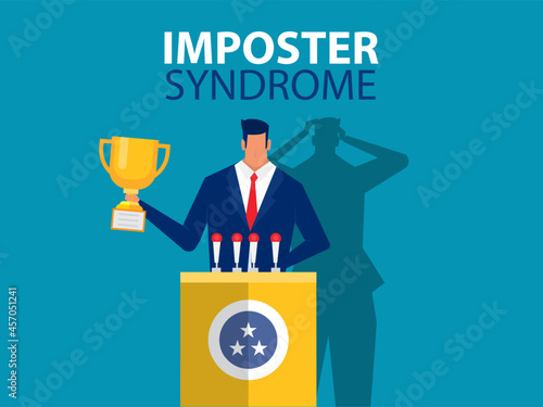 Imposter syndrome.man standing for her present profile with fear shadow behind. Anxiety and lack of self confidence at work; the person fakes is someone else concept