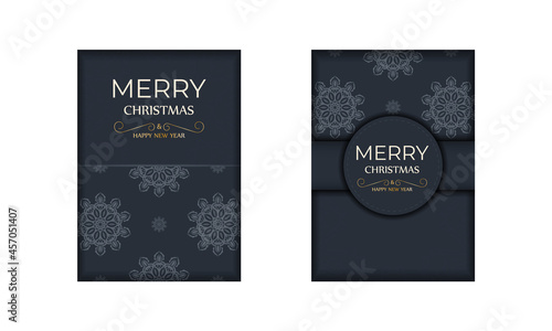 Holiday card Happy New Year in dark blue color with luxurious blue ornaments