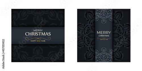 Holiday card Happy New Year in dark blue color with vintage blue pattern