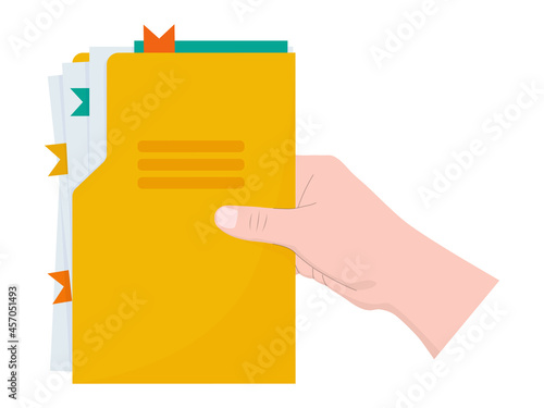 Hand holds a yellow folder with documents. 