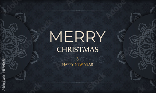 Festive Brochure Merry Christmas and Happy New Year in dark blue with luxury blue ornaments