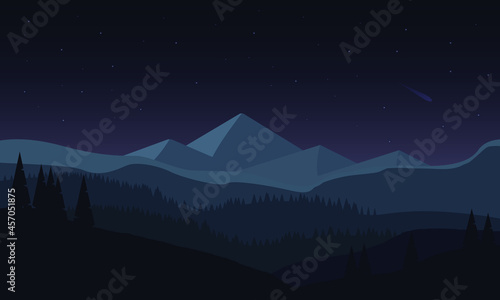 Landscape with mountains, forest and stars at night. Nature minimalistic background. Vector illustration.