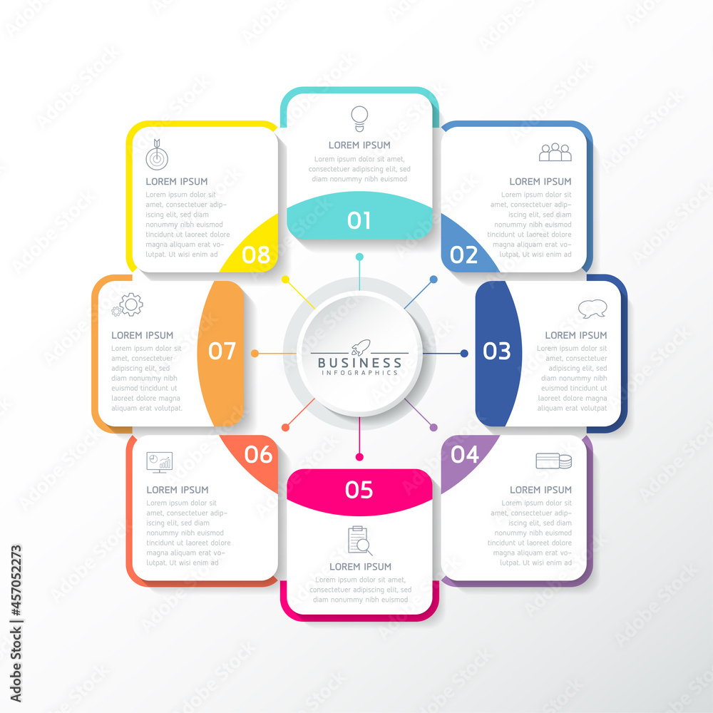Vector illustration, infographics design, template, marketing, information, with 8 options or steps Vector illustration, infographics design, template, marketing, information, with 8 options or steps