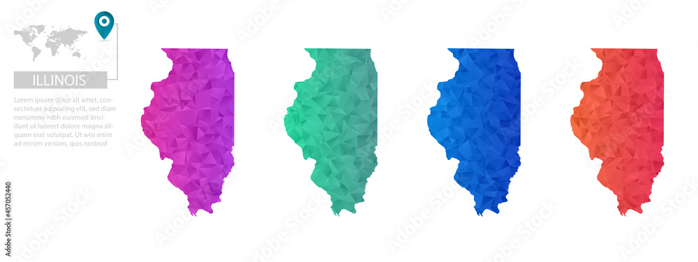 Set of vector polygonal Illinois maps. Bright gradient map of country in low poly style. Multicolored country map in geometric style for your