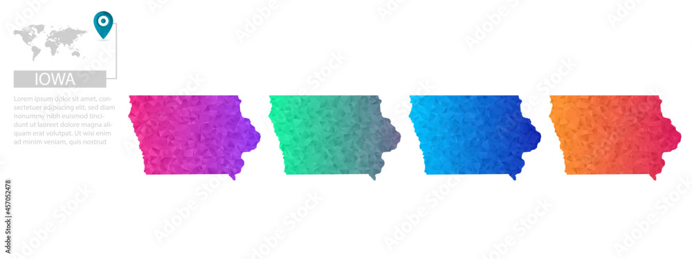 Set of vector polygonal Iowa maps. Bright gradient map of country in ...