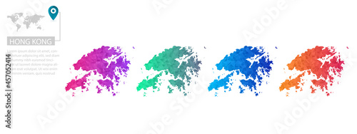 Set of vector polygonal Hong Kong maps. Bright gradient map of country in low poly style. Multicolored country map in geometric style for your