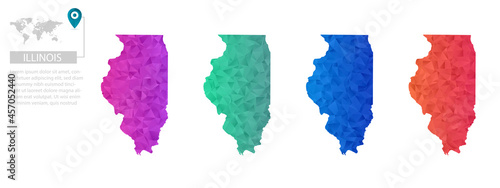 Set of vector polygonal Illinois maps. Bright gradient map of country in low poly style. Multicolored country map in geometric style for your