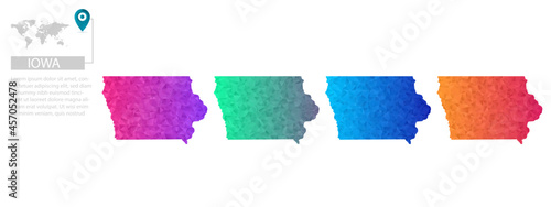 Set of vector polygonal Iowa maps. Bright gradient map of country in low poly style. Multicolored country map in geometric style for your