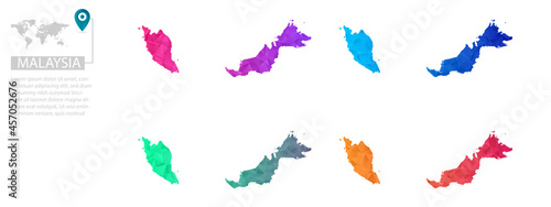 Set of vector polygonal Malaysia maps. Bright gradient map of country in low poly style. Multicolored country map in geometric style for your