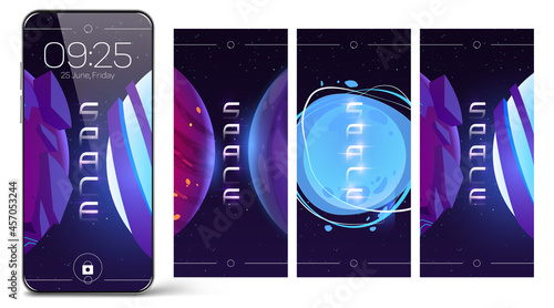 Smartphone lock screen with space and planets. Cartoon design of mobile phone onboard pages, wallpaper with cosmic world, fantastic Universe background for digital device, user interface design mockup