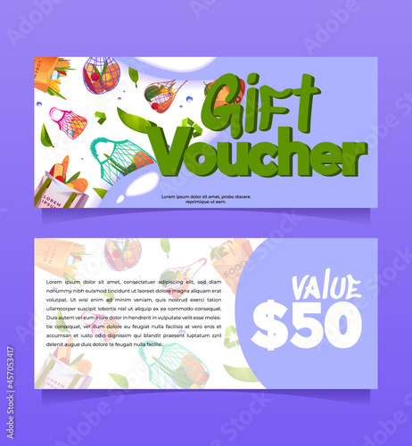 Gift voucher, shopping certificate with grocery in eco bags and fifty dollars value price. Special coupon or promo card template for supermarket store, food shop discount, special offer Vector mockup