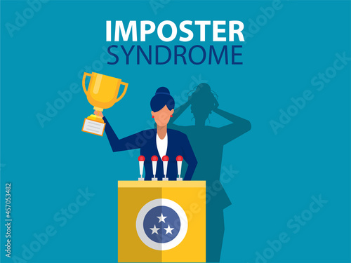 Imposter syndrome.woman standing for her present profile with fear shadow behind. Anxiety and lack of self confidence at work; the person fakes is someone else concept
