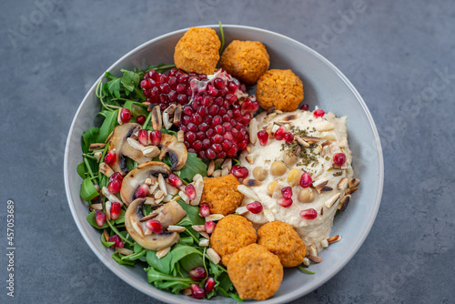 healthy buddah bowl. Chickpea dishes, falafel and hummus