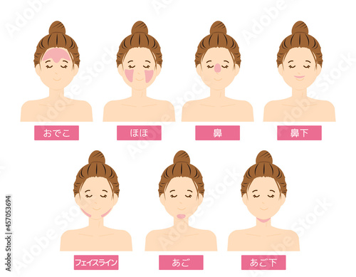 女性の顔　脱毛箇所　 ベクターイラスト