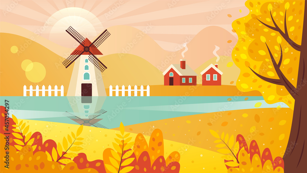 Autumn rural landscape with windmill, farmhouses and trees. Countryside mill and agriculture fields. Colorful horizontal banner. 


