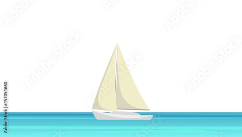 Sailing yacht. White single masted vessel with classic hull lines. Calm blue sea. View from afar. Isolated on white background. Flat style. Vector.